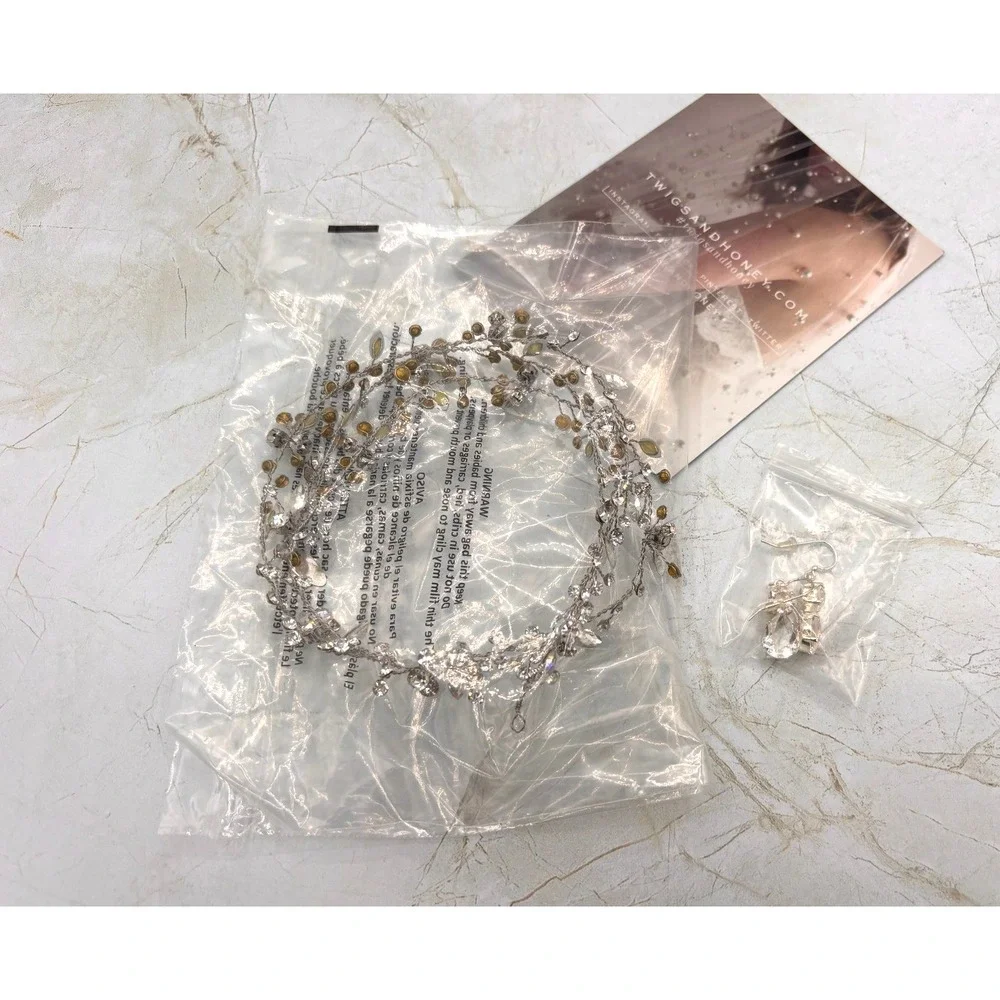 Twigs & Honey Extra Long‎ Bridal Crystal Hair Vine & Pear Drop Earrings Combo
